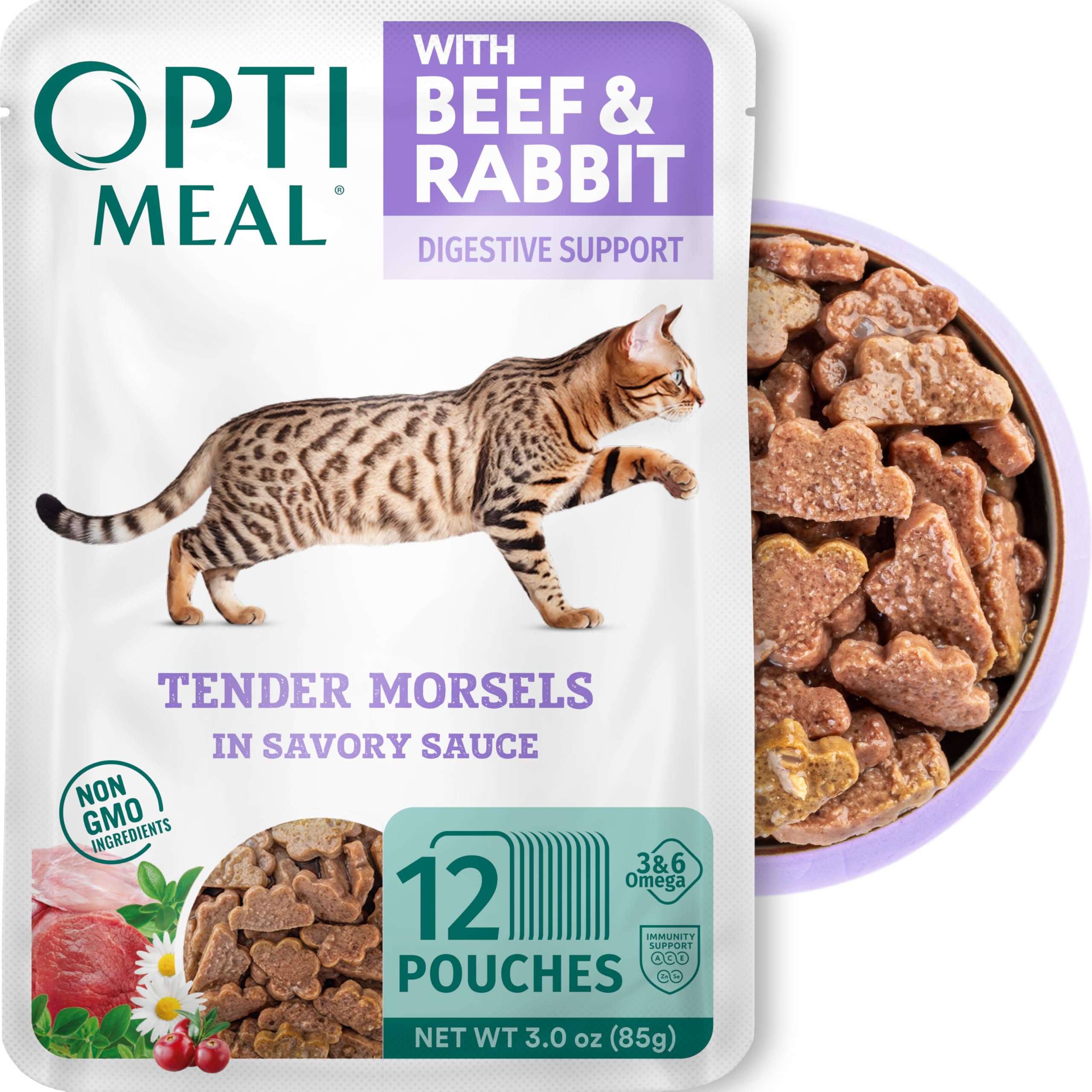 Optimeal sachets chat boeuf et lapin en sauce savoureuse, repas pratique.