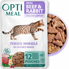 Optimeal sachets chat boeuf et lapin en sauce savoureuse, repas pratique.