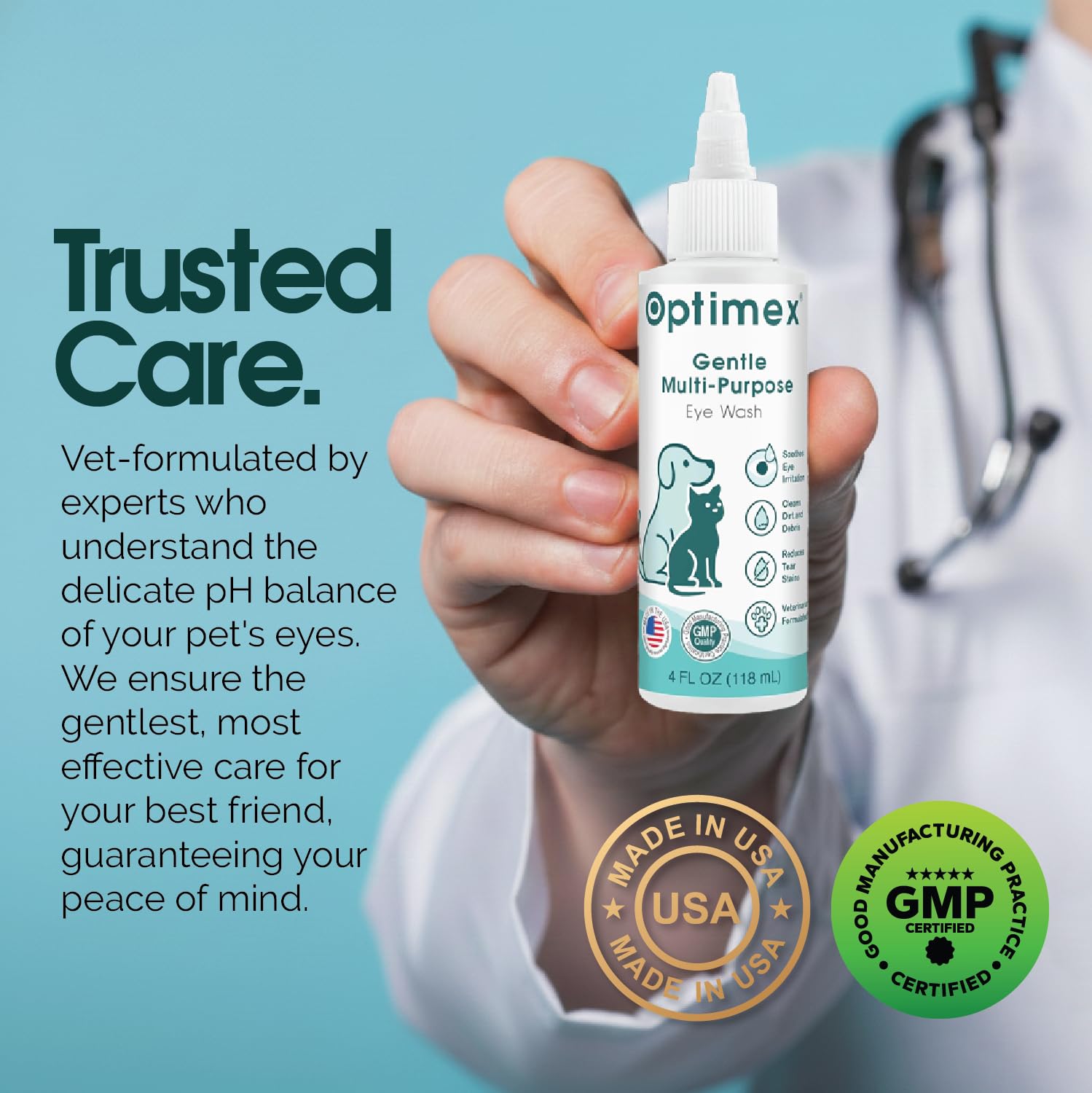 Optimex lave-yeux doux: formulation adaptée pour chiens et chats.