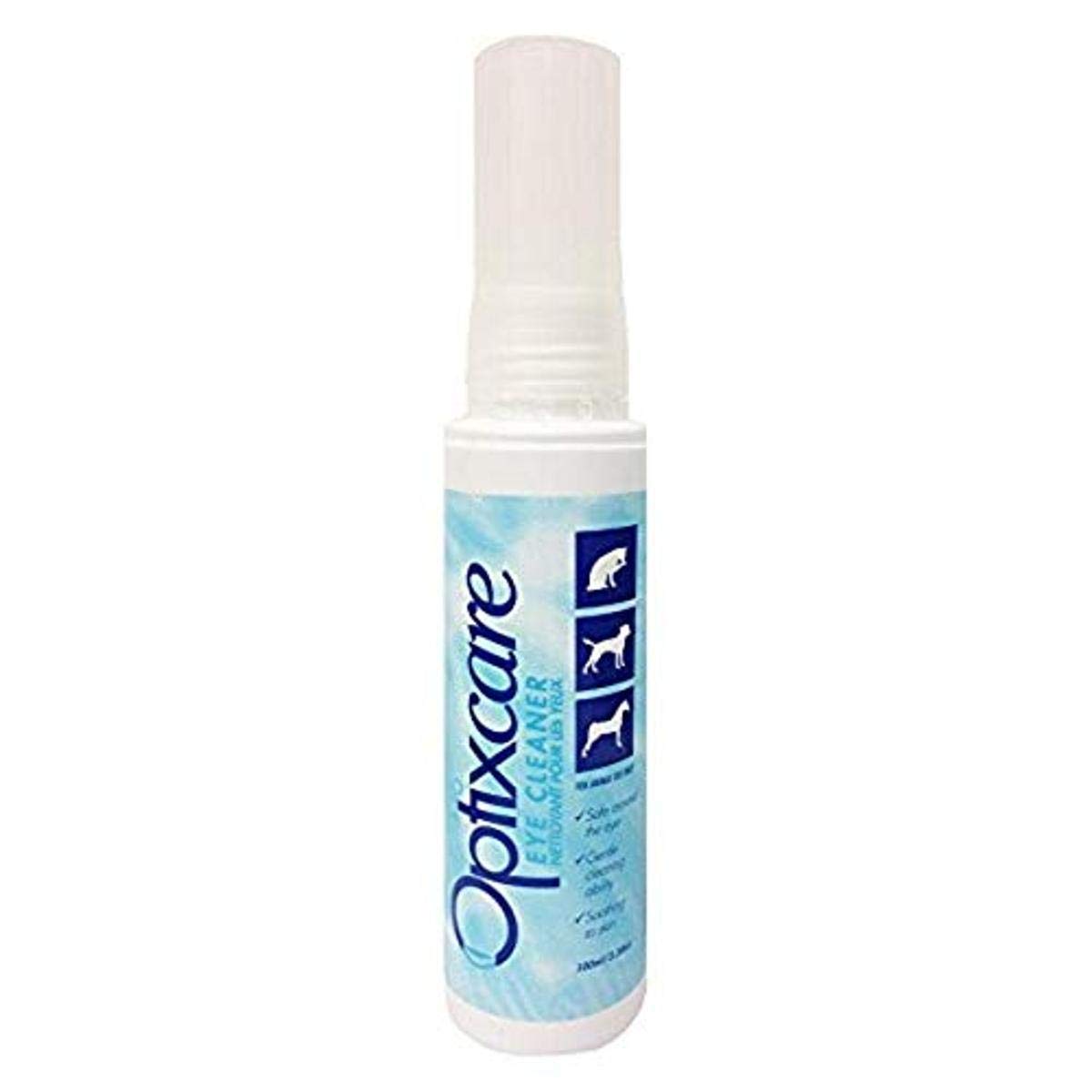 Nettoyant oculaire OptixCare pour chiens et chats, élimine les traces et nettoie en douceur.