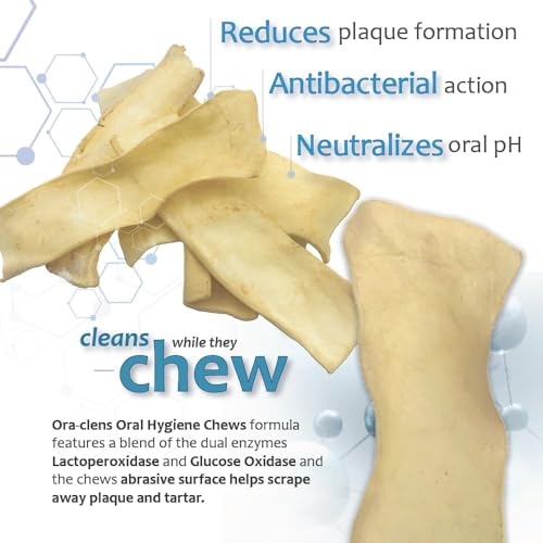 Texture abrasive des bouchées Ora-Clens frotte doucement les dents lors de la mastication.