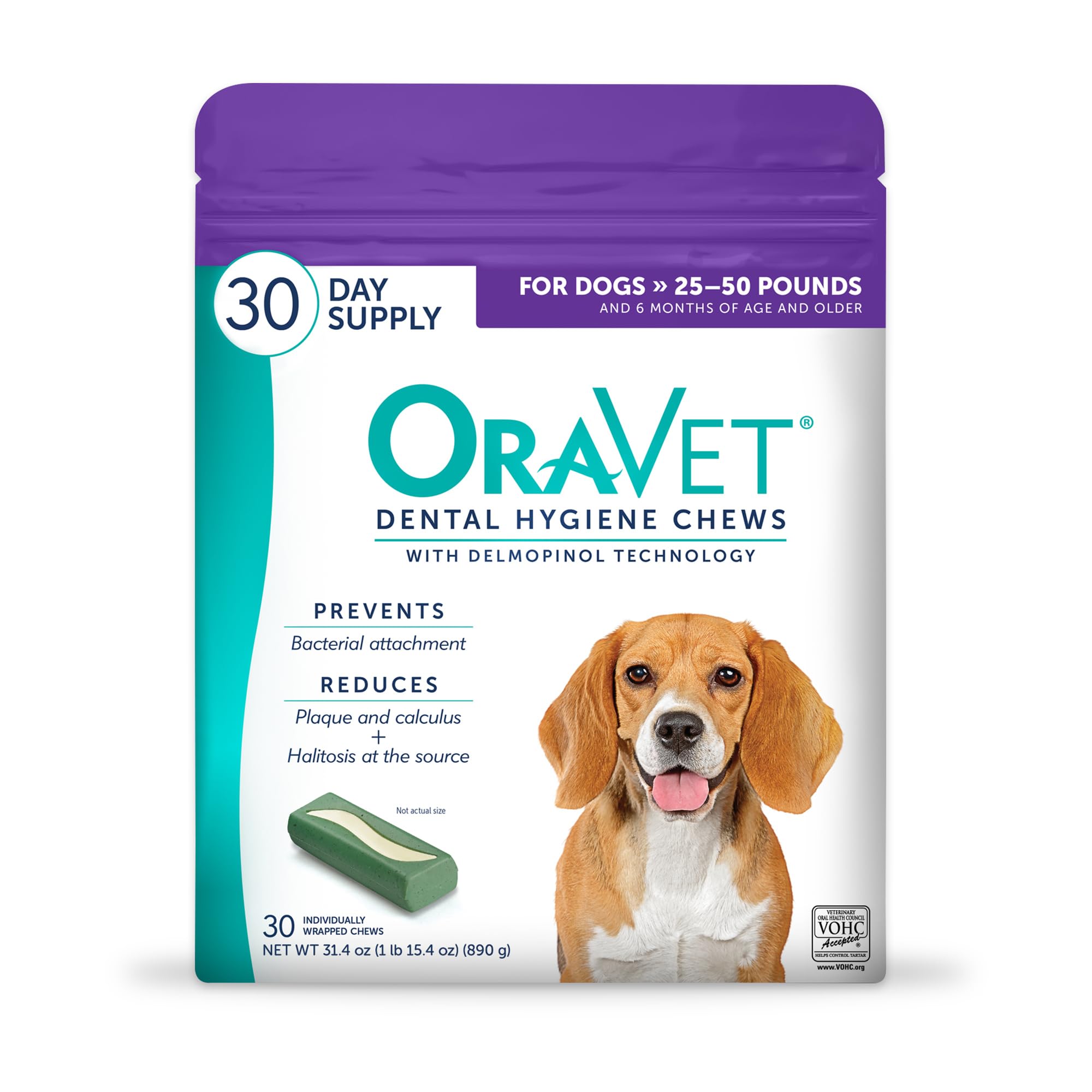 ORAVET bouchées d’hygiène dentaire dans une pochette violet, soutien potentiel à l’hygiène dentaire canine