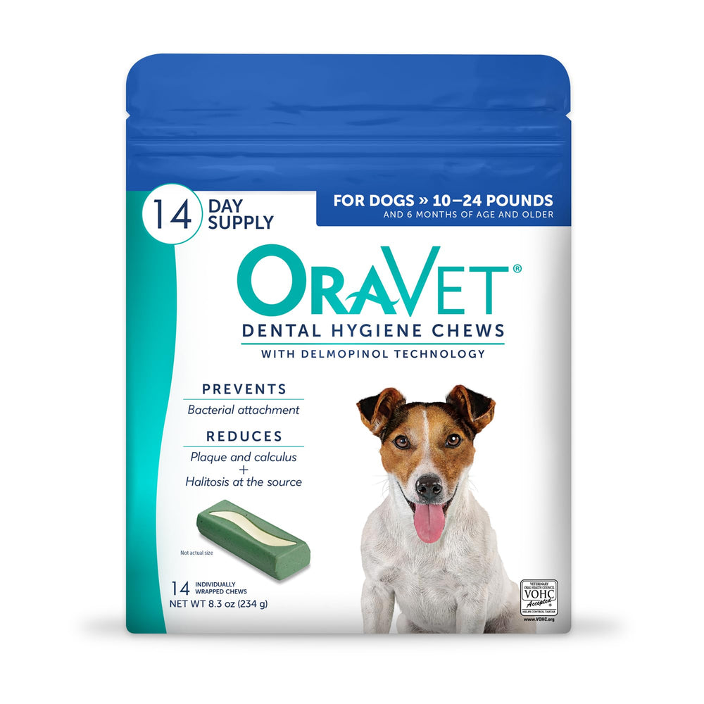 OraVet emballage montrant l’ensemble de 14 bouchées dentaires pour l’hygiène dentaire.