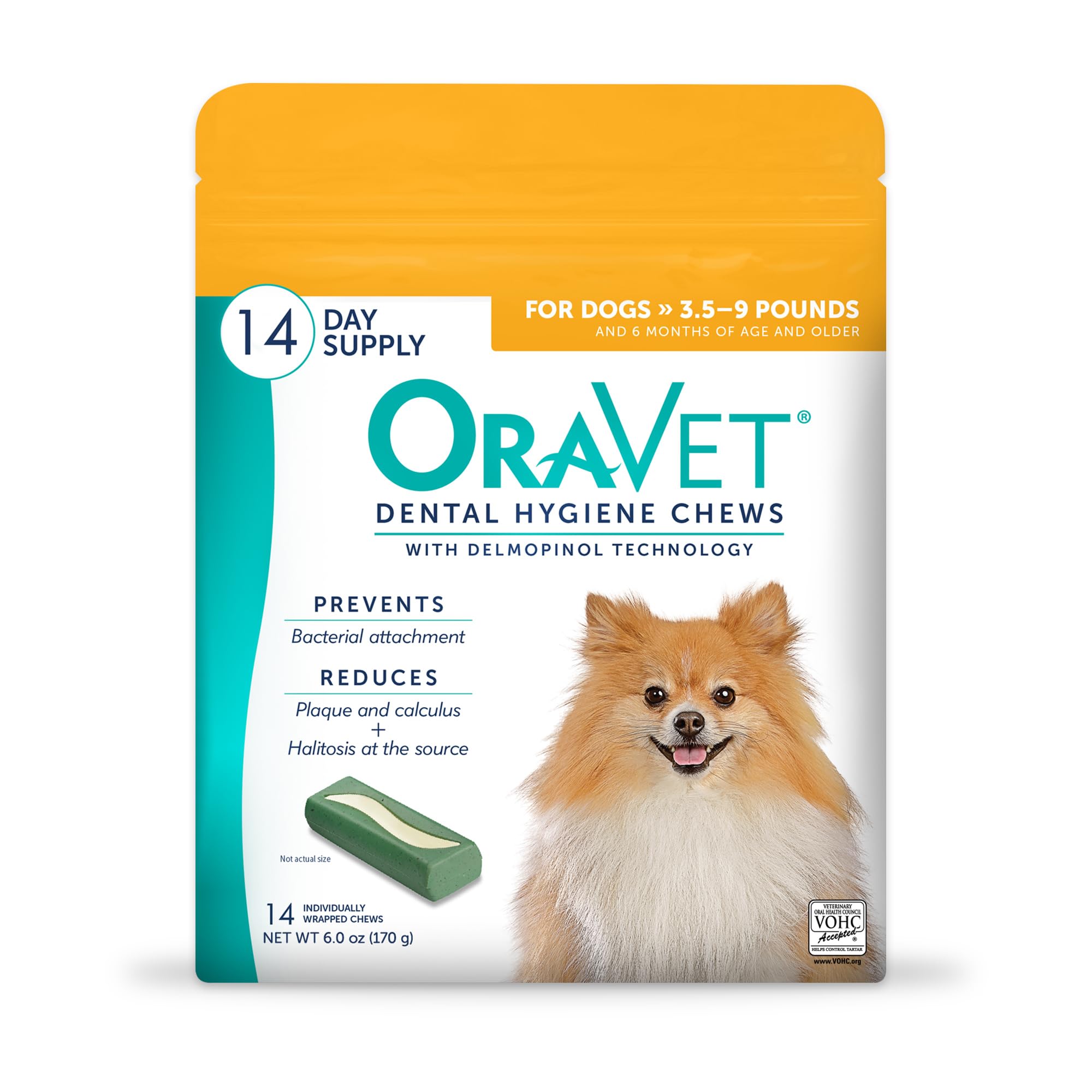 OraVet sachet jaune: friandises dentaires faciles à donner pour chiens.