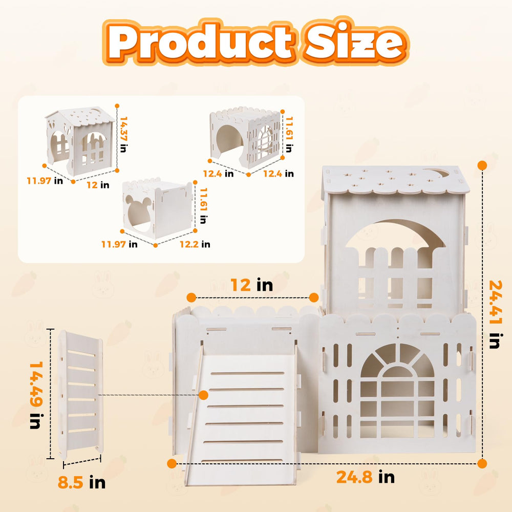 Château Orekemo à étages pour lapin présente des zones multiples pour explorer.