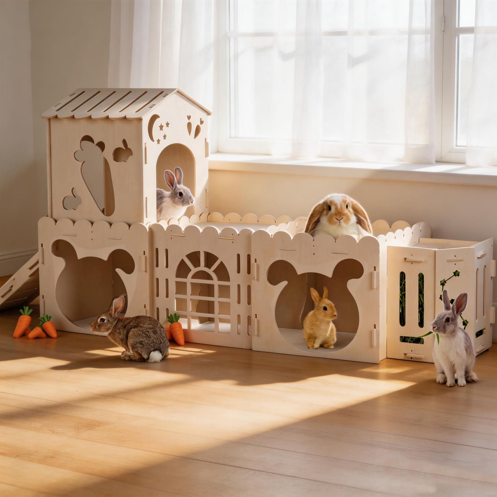 Orekemo châteaux lapin multiniveaux avec toboggan favorisant l'activité.