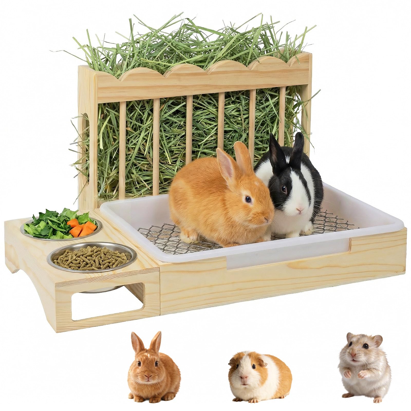 Orekemo mangeoire 3-en-1 en bois naturel pour petits animaux, pratique et compact.