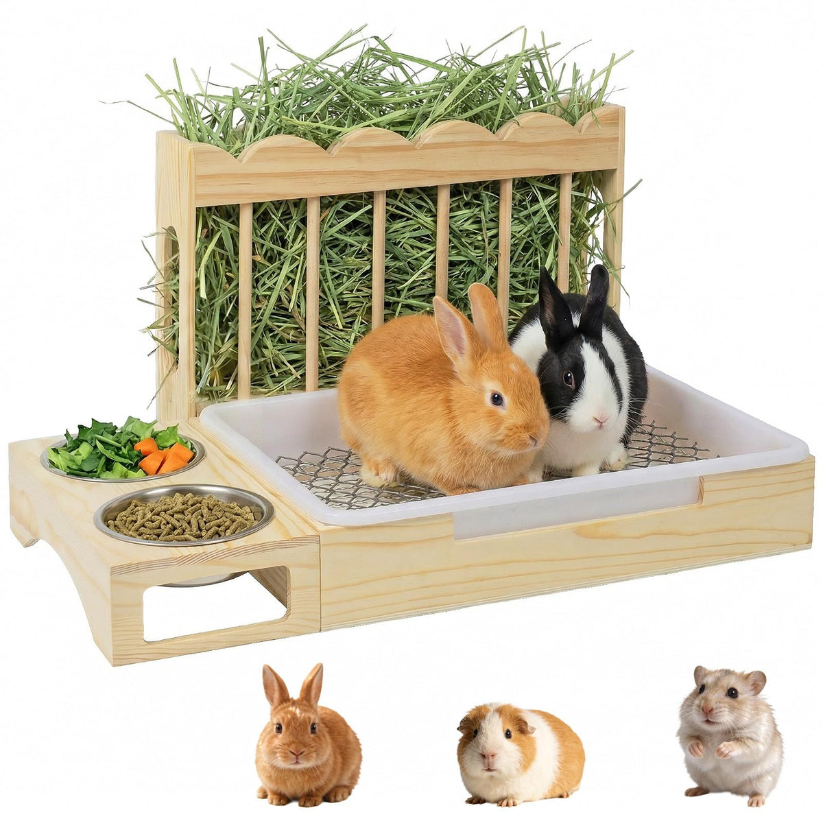 Orekemo mangeoire 3-en-1 en bois naturel pour petits animaux, pratique et compact.