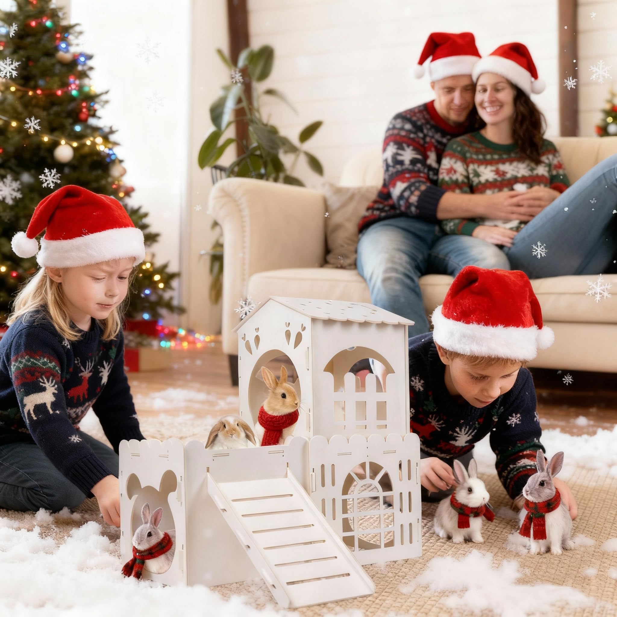 Toit Orekemo décoré avec foin et jouets pour enrichir le moment de jeu.