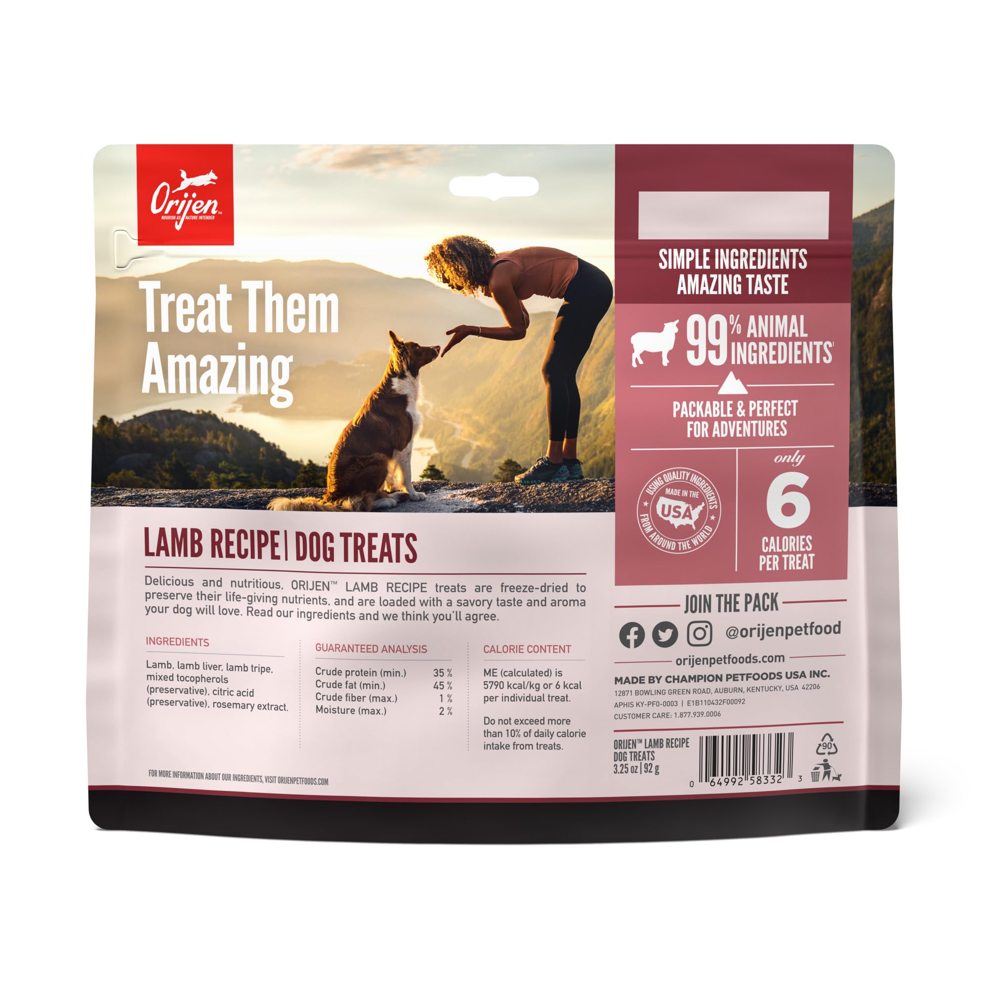 ORIJEN Agneau lyophilisé – morceaux savoureux pour l’entraînement et récompense.