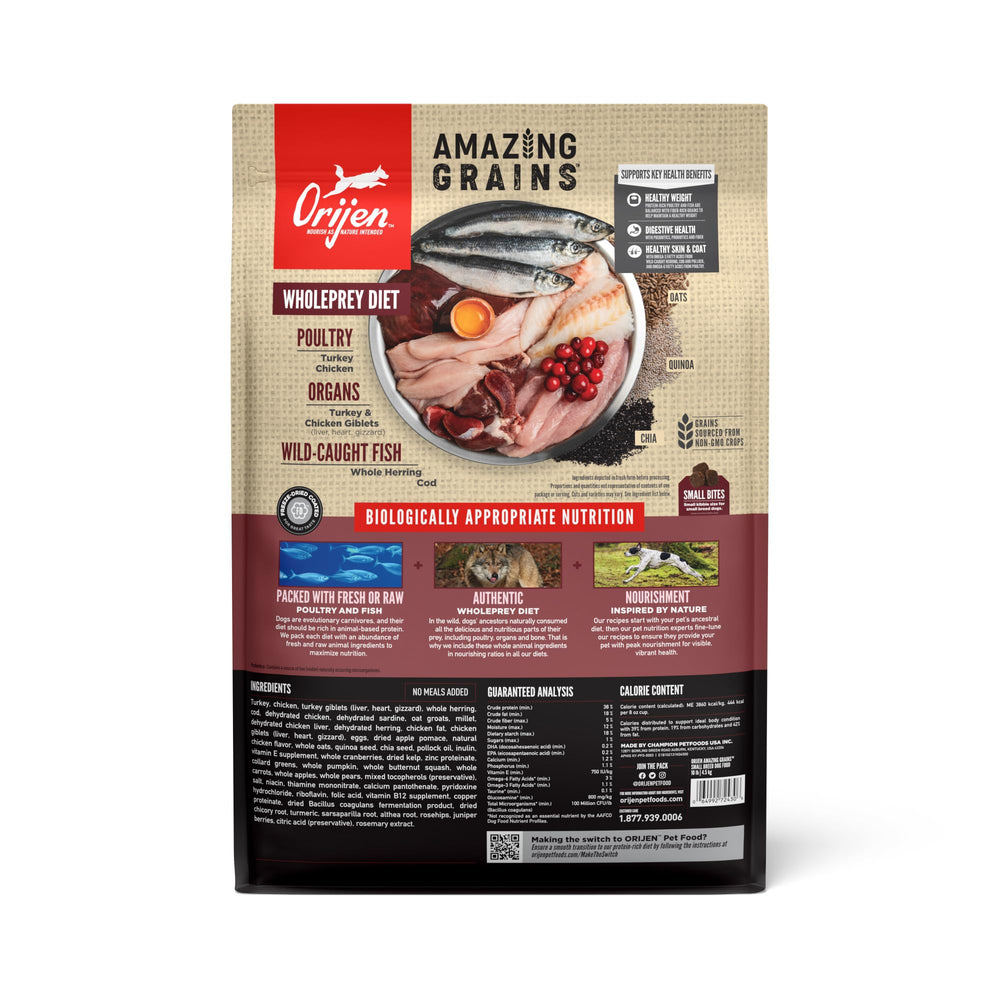 ORIJEN Amazing Grains, protéine élevée, favorise une masse maigre et une satiété durable.