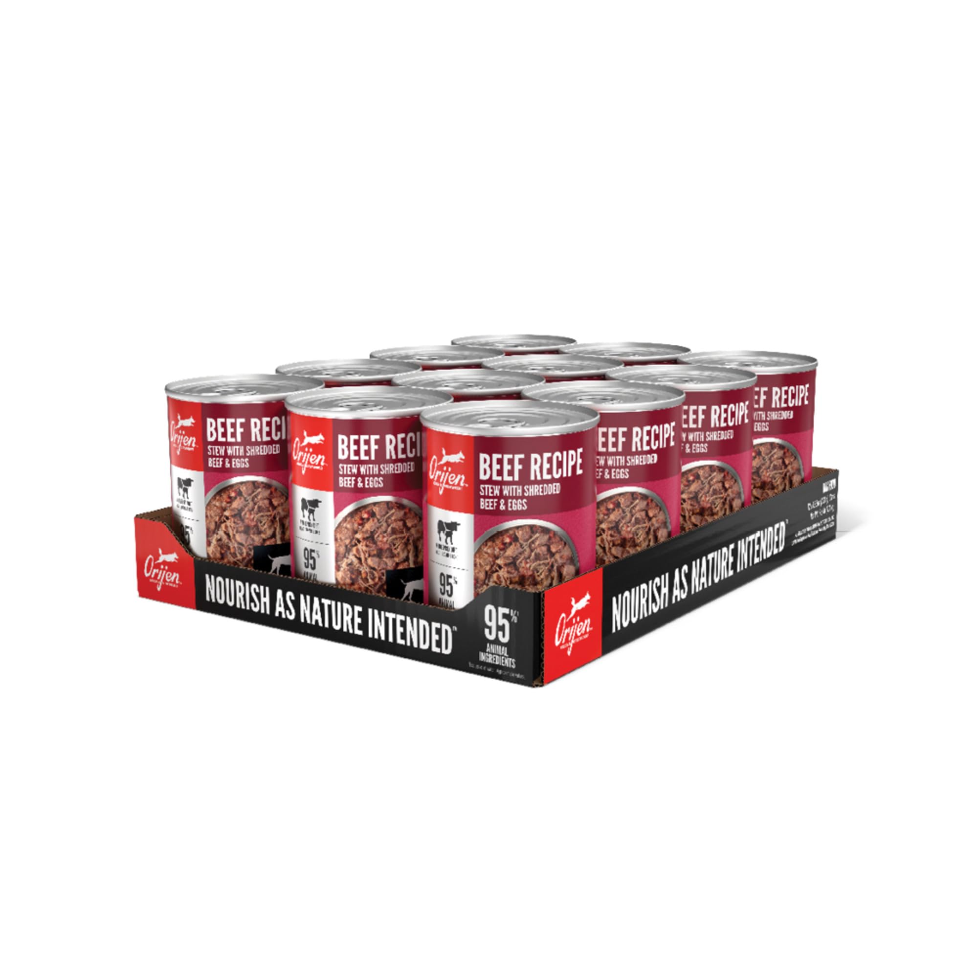 ORIJEN Boeuf-Stew émiettée dans une boîte, repas humide riche en protéines.