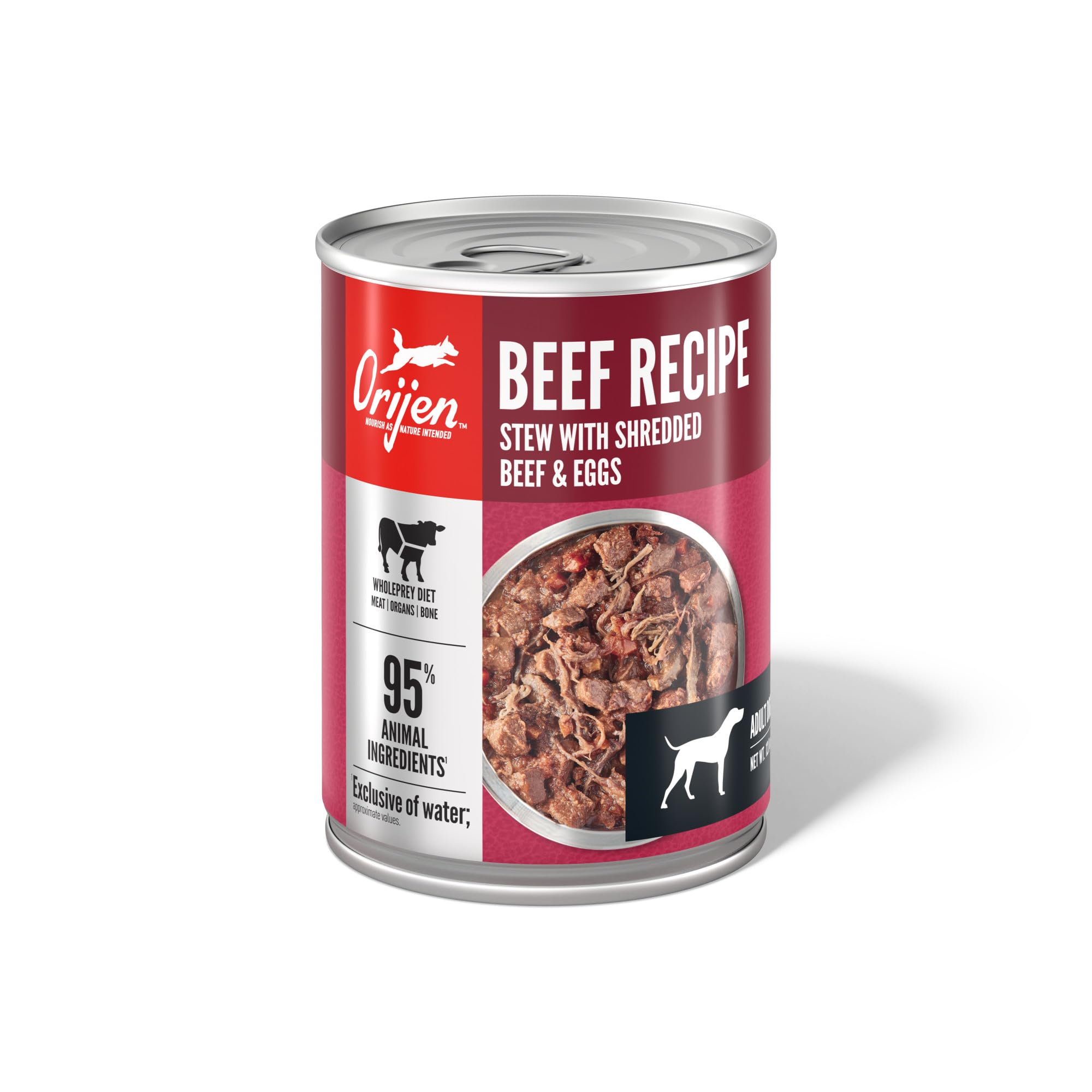 ORIJEN Ingrédients de qualité animale émiéttés, boeuf et œufs pour chien.