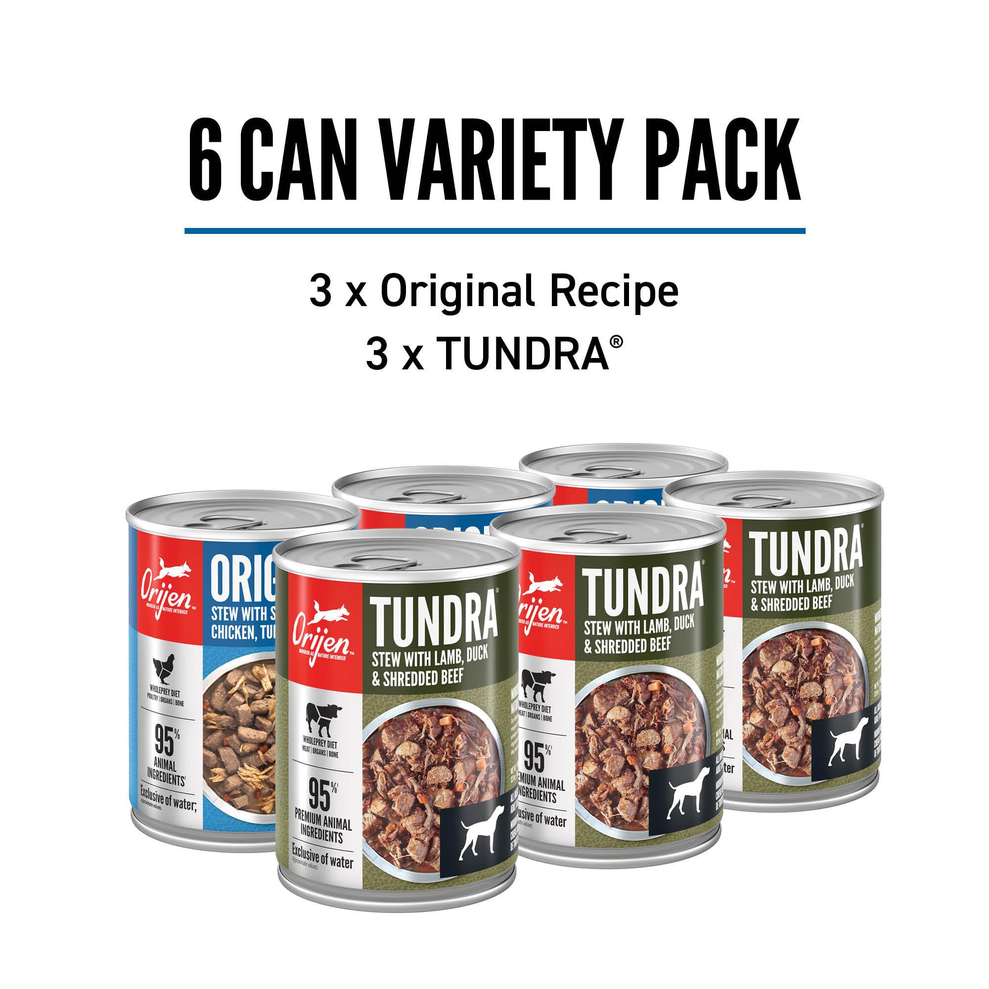 Boîtes ORIJEN 12×8 oz montrant Tundra et Original pour varier les repas.
