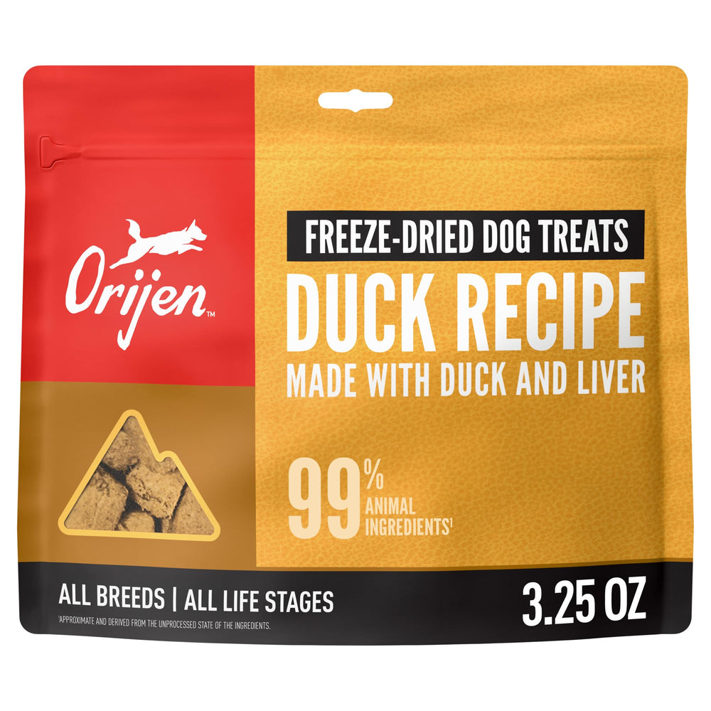 ORIJEN friandises canard lyophilisées dans le sachet, parfaites pour les sorties.