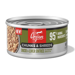 ORIJEN Chunks & Shreds canard et foie en conserve; texture variée et goût savoureux