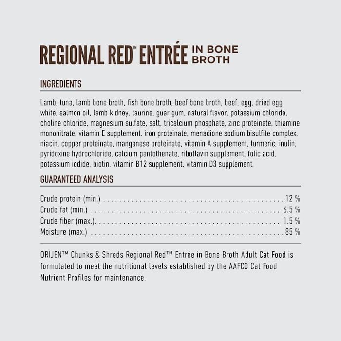 ORIJEN Entrée Régionale Rouge: premiers ingrédients animaux pour un profil nutritif riche.