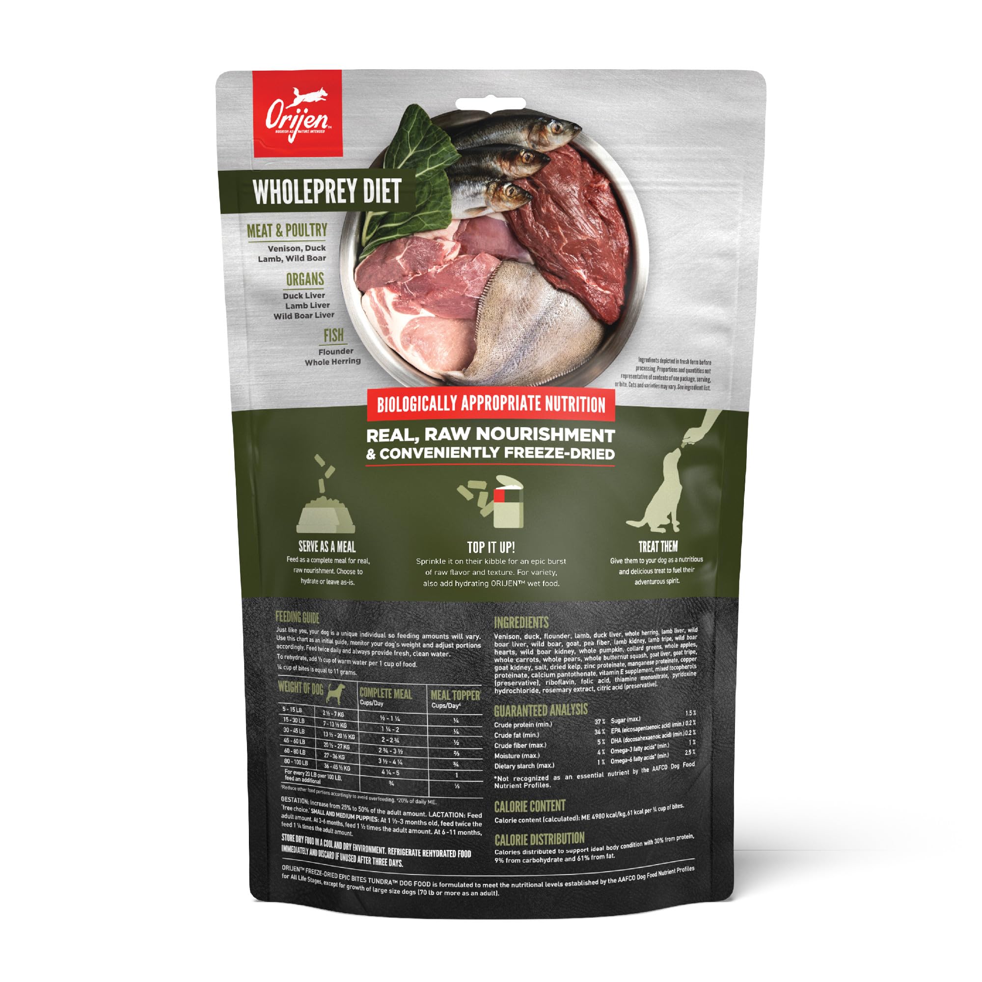 ORIJEN Epic Bites premiers plans des ingrédients crus variés, nutrition riche et naturelle.