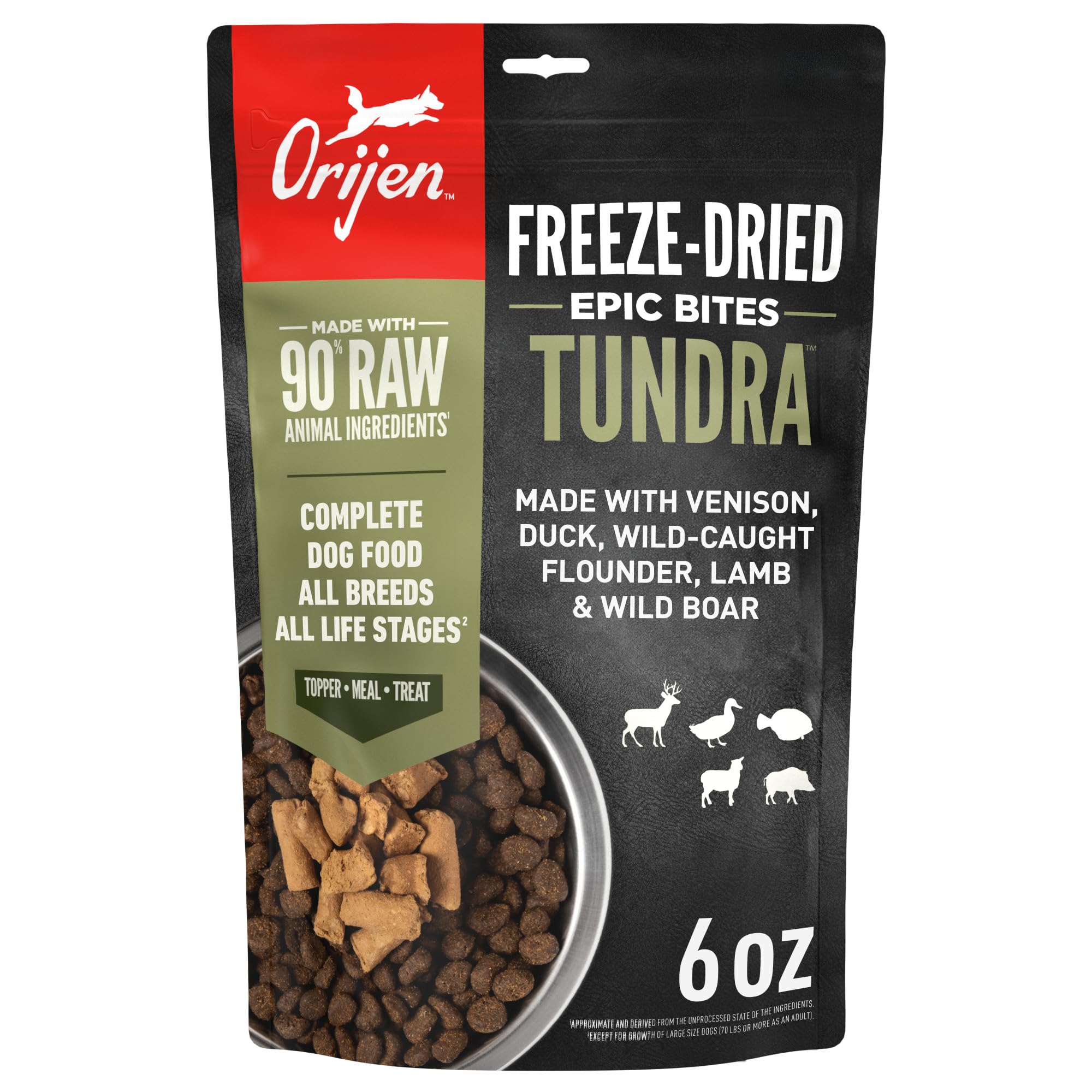 ORIJEN Epic Bites bouchées sèches en sachet de 170 g, idéales comme repas ou garniture.