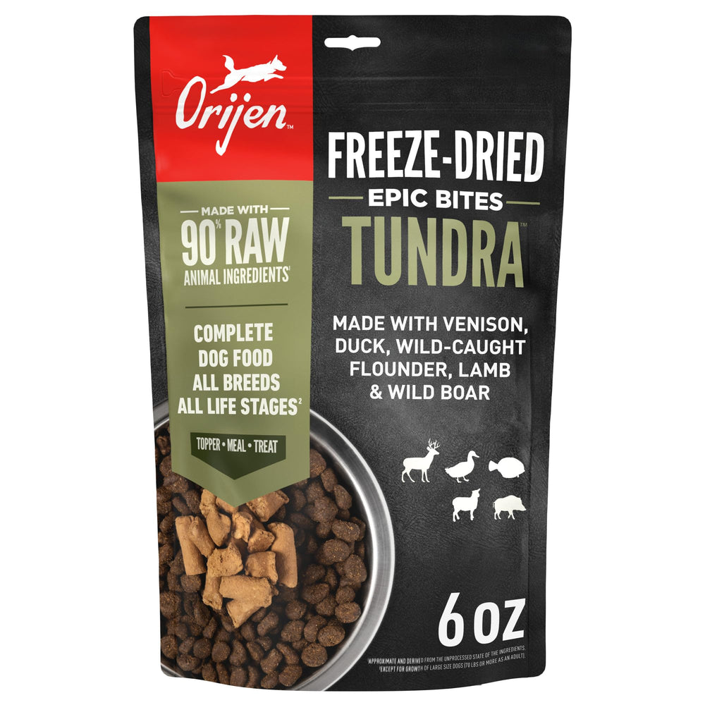 ORIJEN Epic Bites bouchées sèches en sachet de 170 g, idéales comme repas ou garniture.