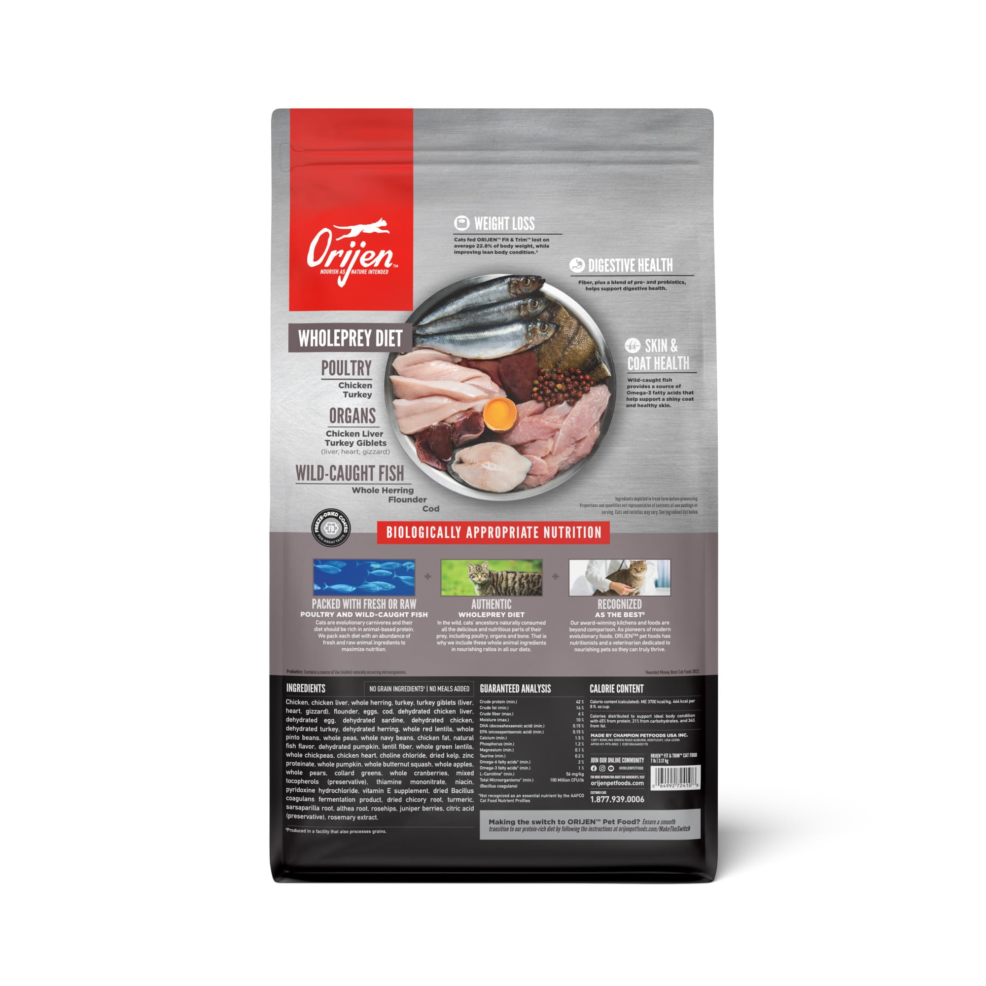 Ingrédients frais et crus visibles dans ORIJEN Fit & Trim pour une nutrition riche.