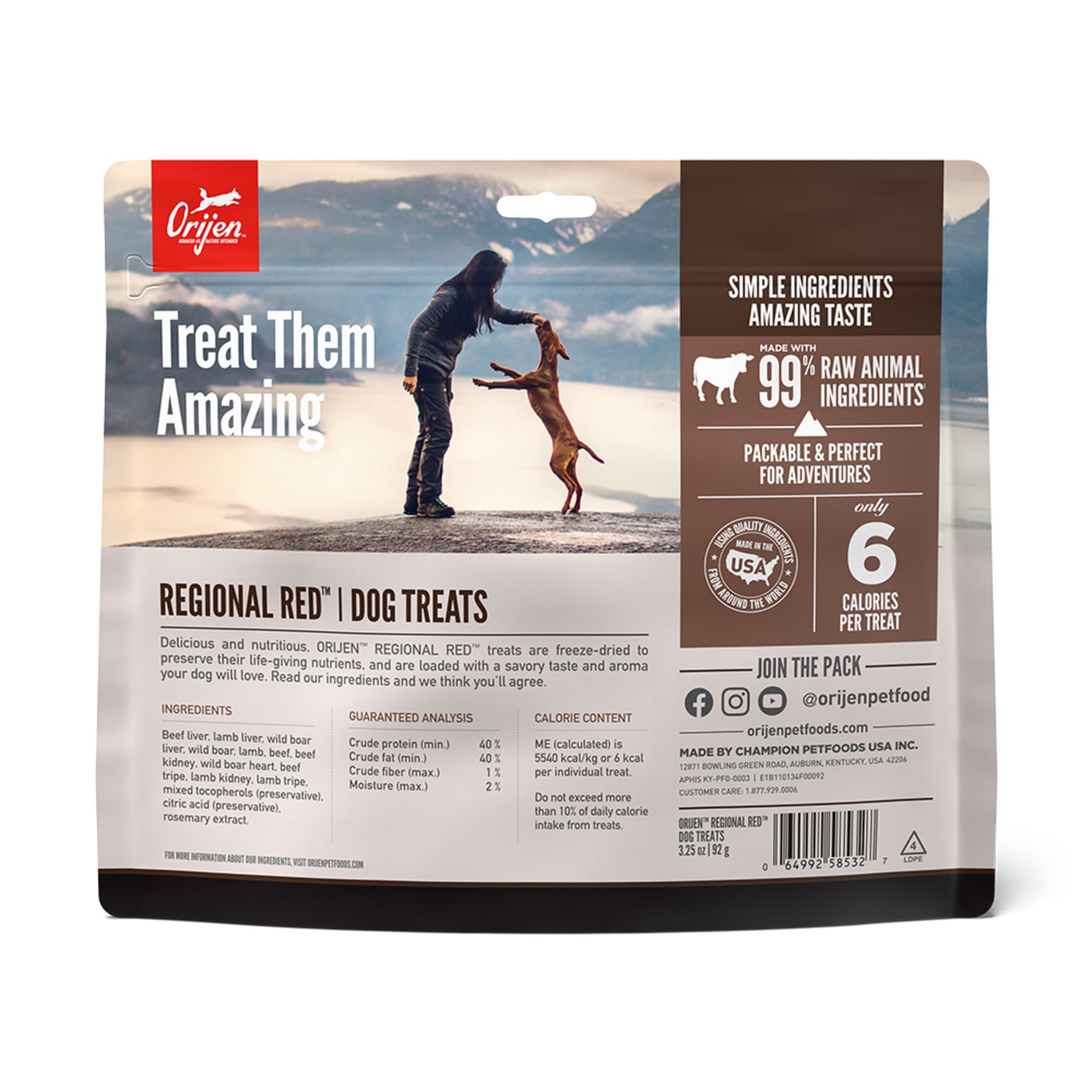 Friandises boeuf ORIJEN en sachet Régional Rouge, idéale pour récompenses