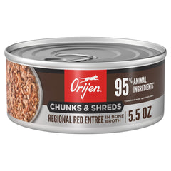ORIJEN Morceaux et copeaux, entrée chat boeuf-ton, texture appétissante.