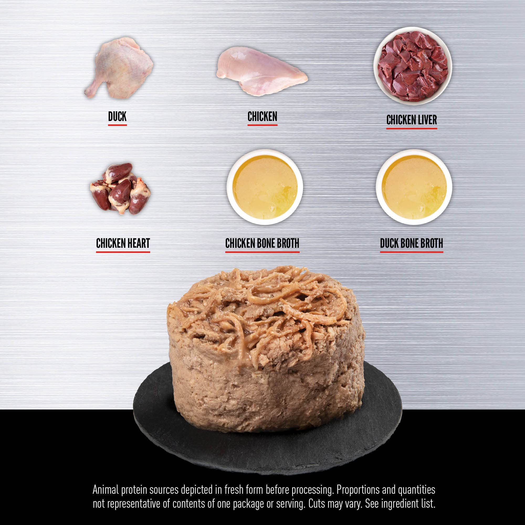 Organes et os inclus: pate ORIJEN canard-poulet pour une nutrition complète.