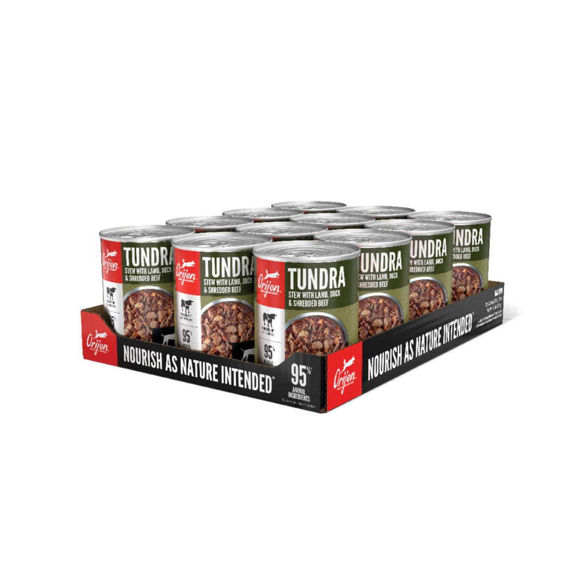 ORIJEN Real Meat Shreds – ingrédients boeuf et canard visibles, riches en protéines.