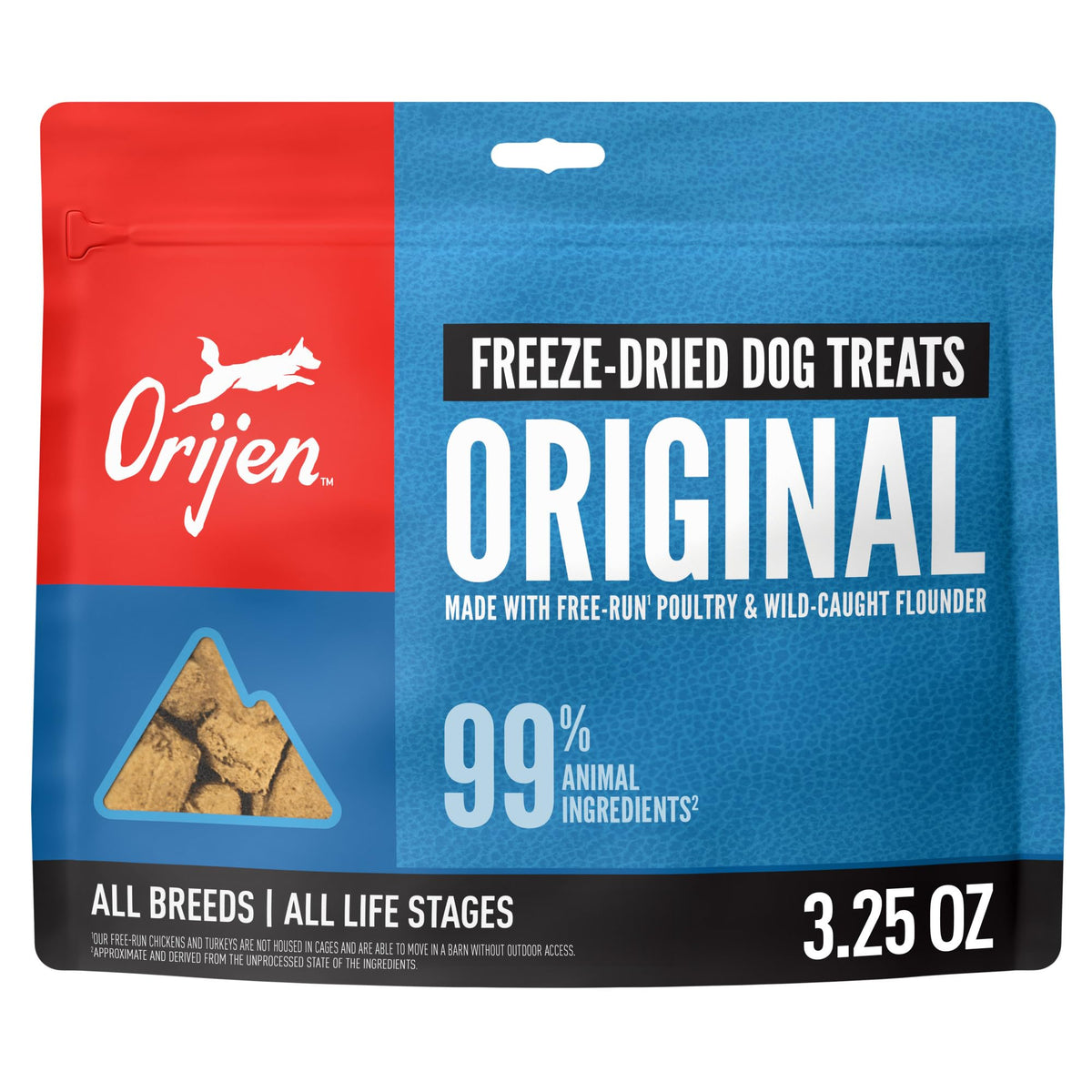 Friandise ORIJEN Original séchée dans un sachet, idéale pour l'entraînement.