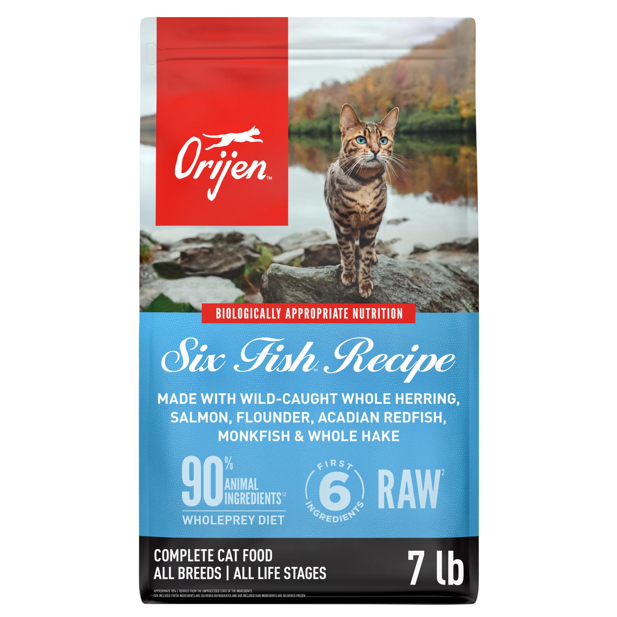 ORIJEN Six Fish: premiers ingrédients crus pour une protéine élevée.