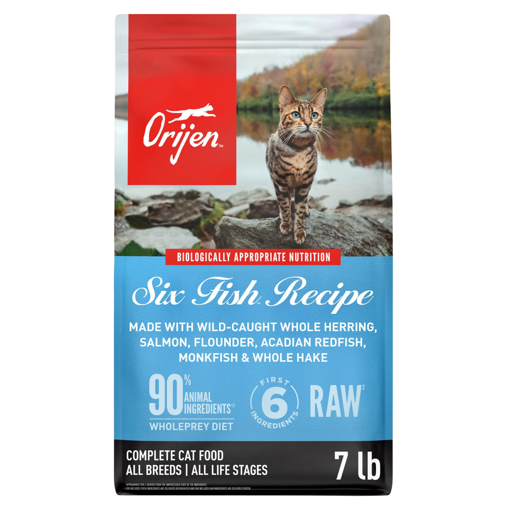 ORIJEN Six Fish: premiers ingrédients crus pour une protéine élevée.