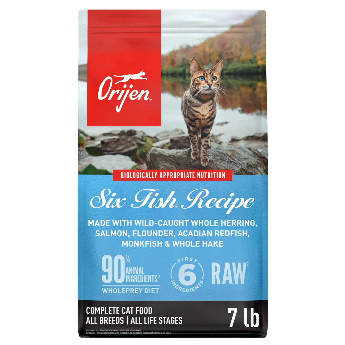 ORIJEN Six Fish: premiers ingrédients crus pour une protéine élevée.