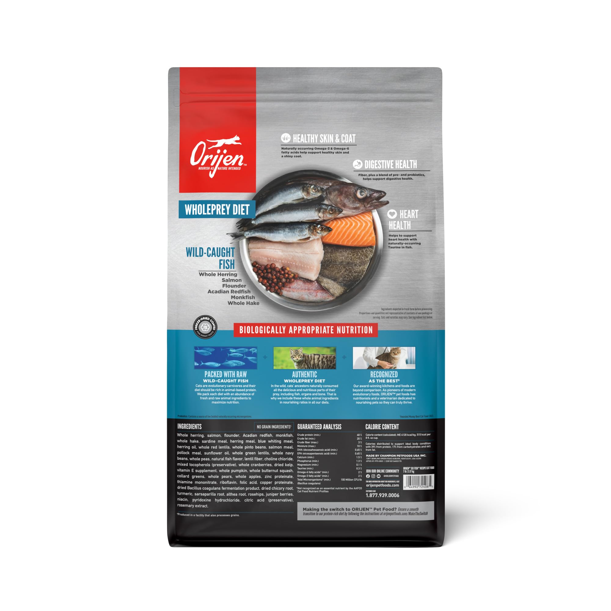 ORIJEN Six Fish: sans céréales, soutien digestif potentiel.
