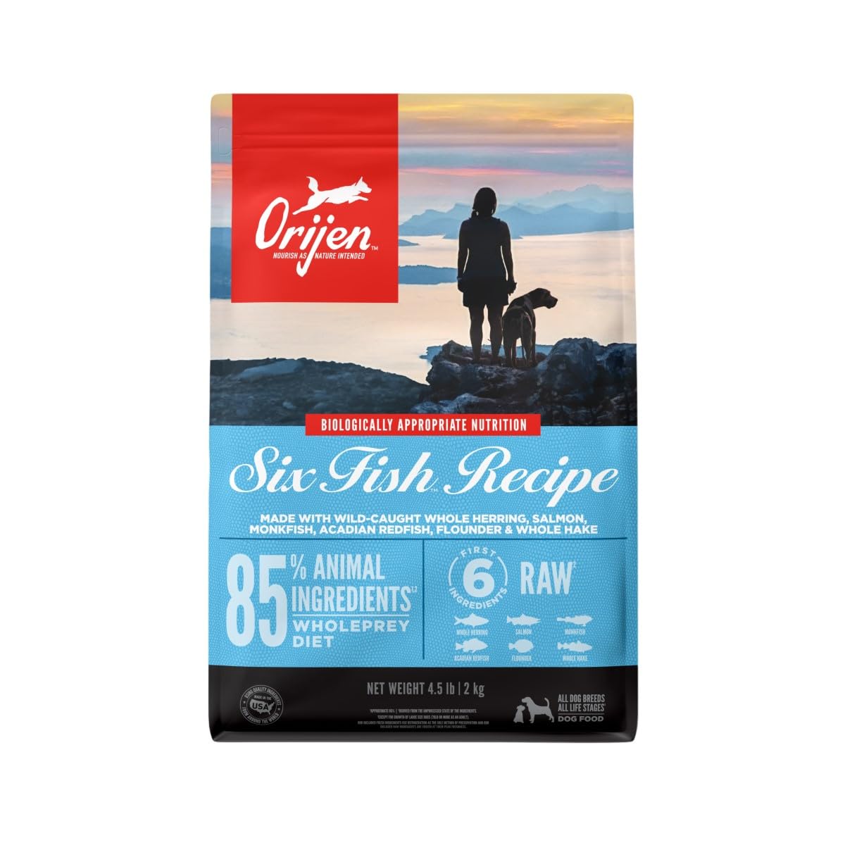 ORIJEN Six Fish sac croquettes 4,5 lb, nutrition riche pour la vitalite du chien.