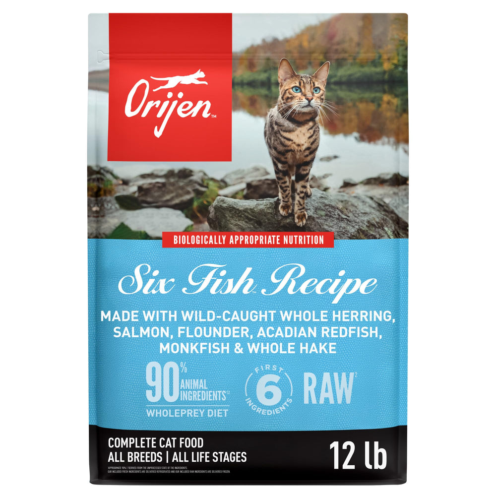 ORIJEN Six Poissons Sec avec ingrédients frais illustrant une nutrition protéinée.