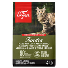 ORIJEN TUNDRA croquettes sans céréales 4 lb, riches en protéines pour chats actifs.