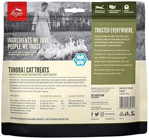 Ingrédients ORIJEN TUNDRA pour chat, protéines complètes et saveurs variées.