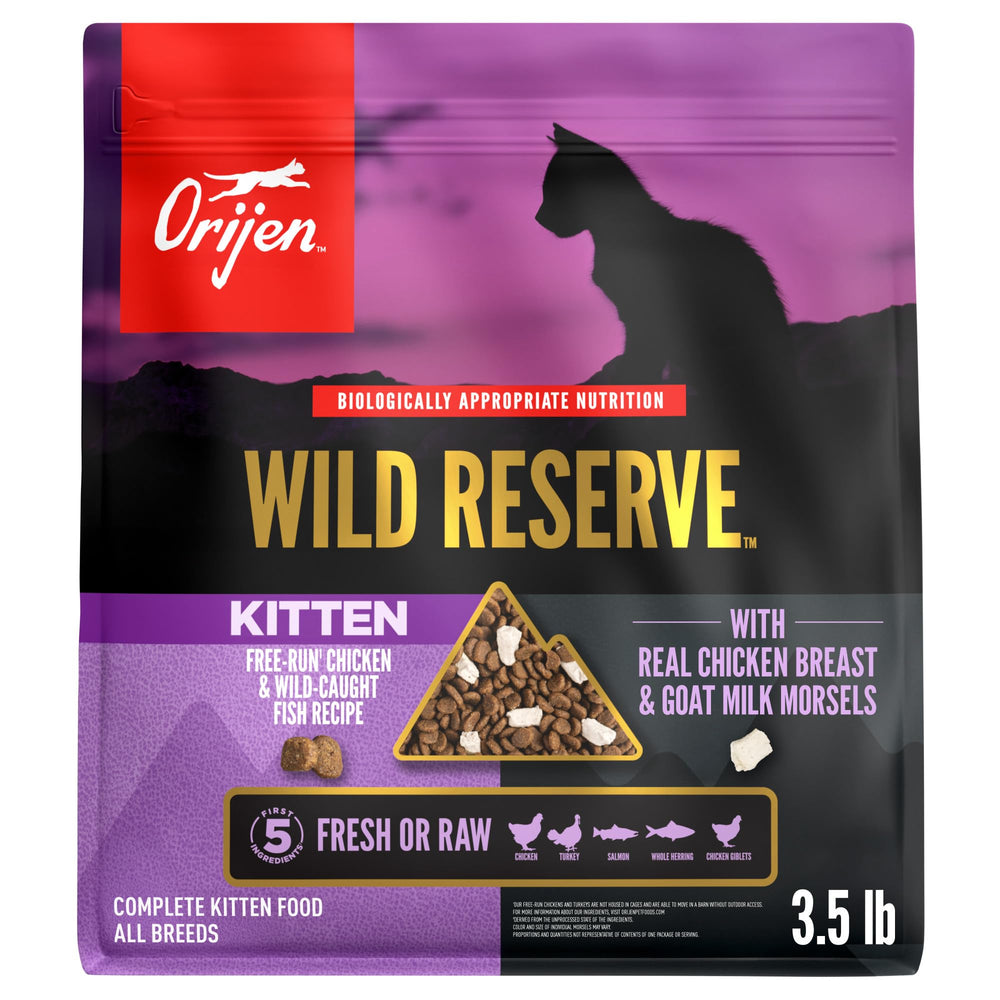 ORIJEN Wild Reserve chaton poulet-poisson croquettes, soutien nutritionnel.