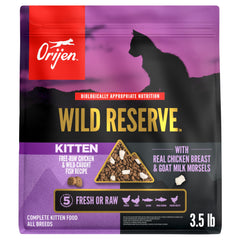 ORIJEN Wild Reserve chaton poulet-poisson croquettes, soutien nutritionnel.