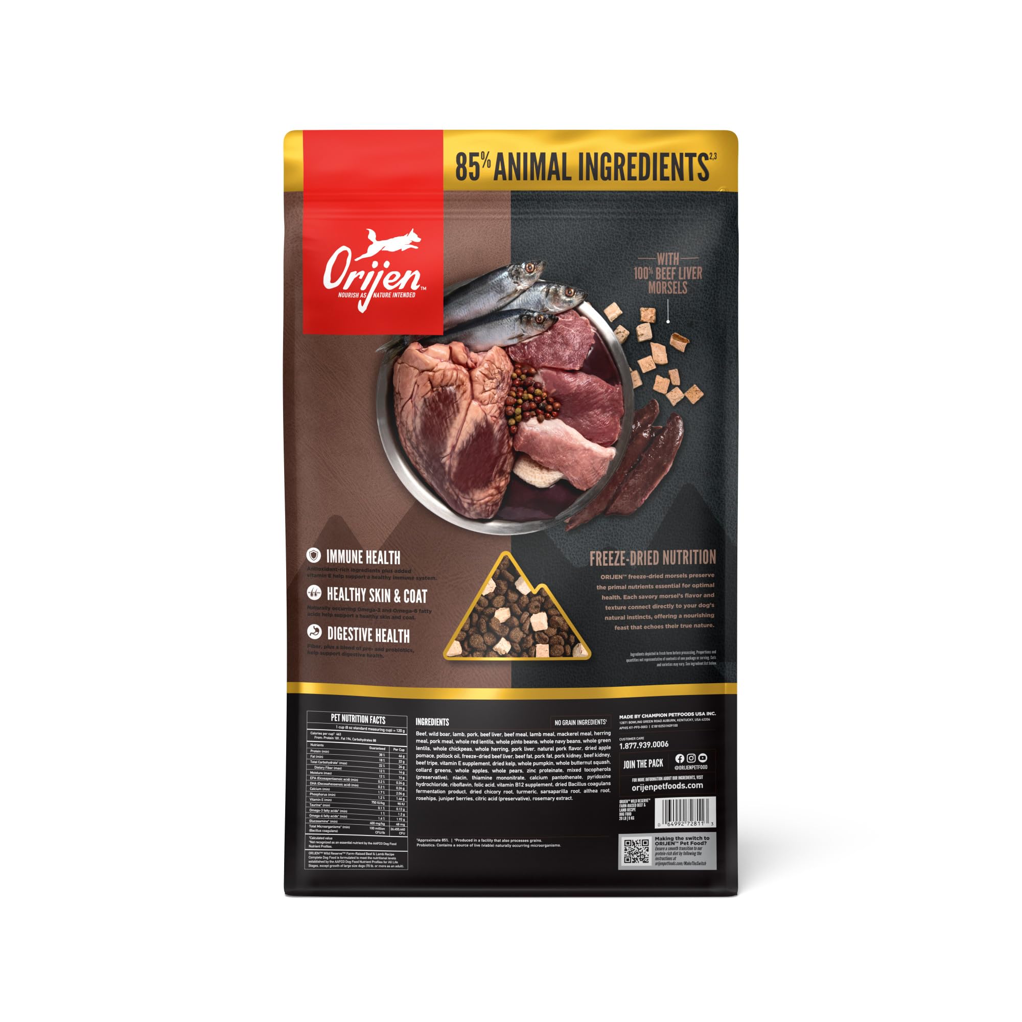 ORIJEN Wild Reserve – croquettes foie-boeuf, saveur riche et protéines élevées.