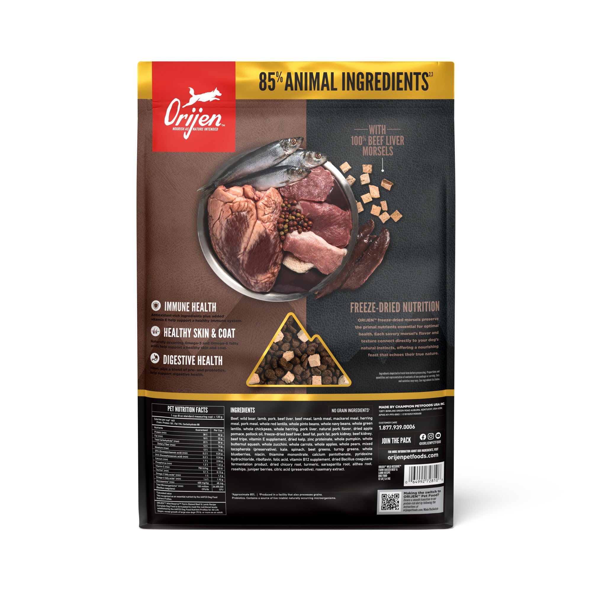 ORIJEN Wild Reserve premiers ingrédients boeuf-sanglier-agneau-porc: démarrage varié des repas.