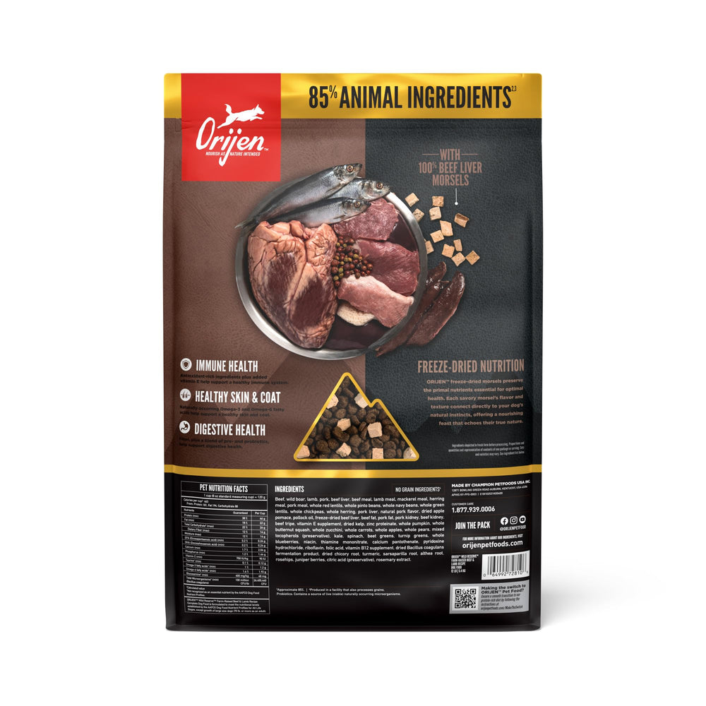ORIJEN Wild Reserve premiers ingrédients boeuf-sanglier-agneau-porc: démarrage varié des repas.