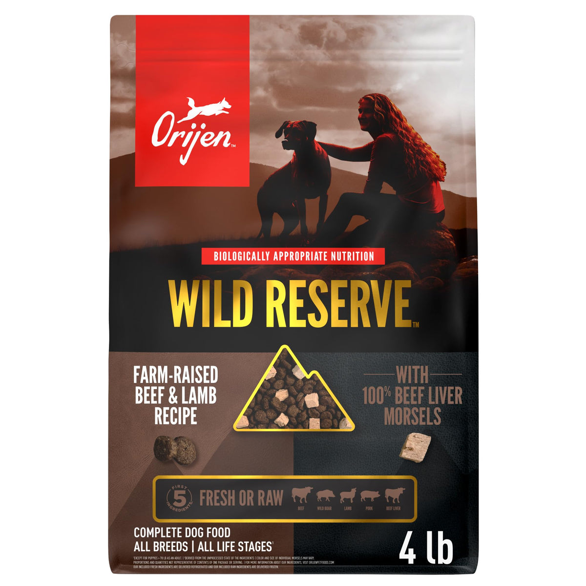 ORIJEN Wild Reserve sac 4 lb boeuf et agneau, croquant protéiné.