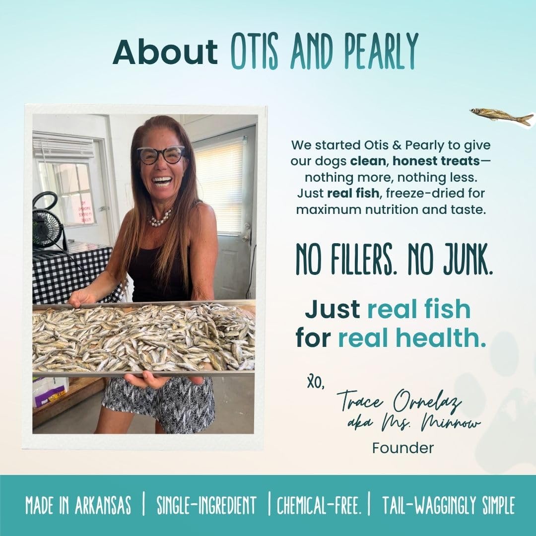 Otis et Pearly minnow séché – informations nutritionnelles claires pour les propriétaires.