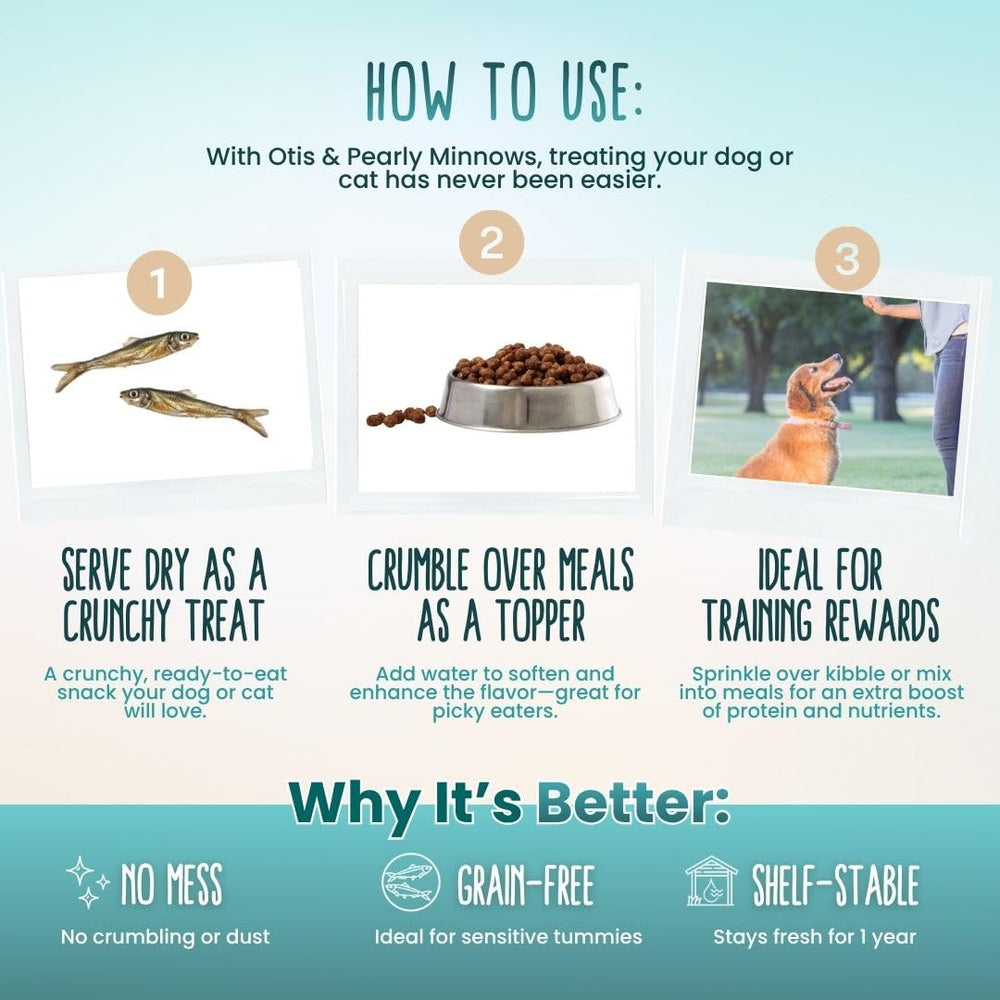 Otis et Pearly minnow séché – snack sans additifs pour chiens et chats.