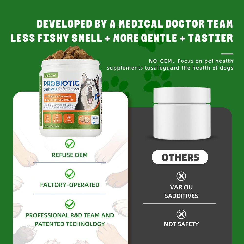 OurCares Gommes probiotiques pour chien chiots, goût poulet apprécié.