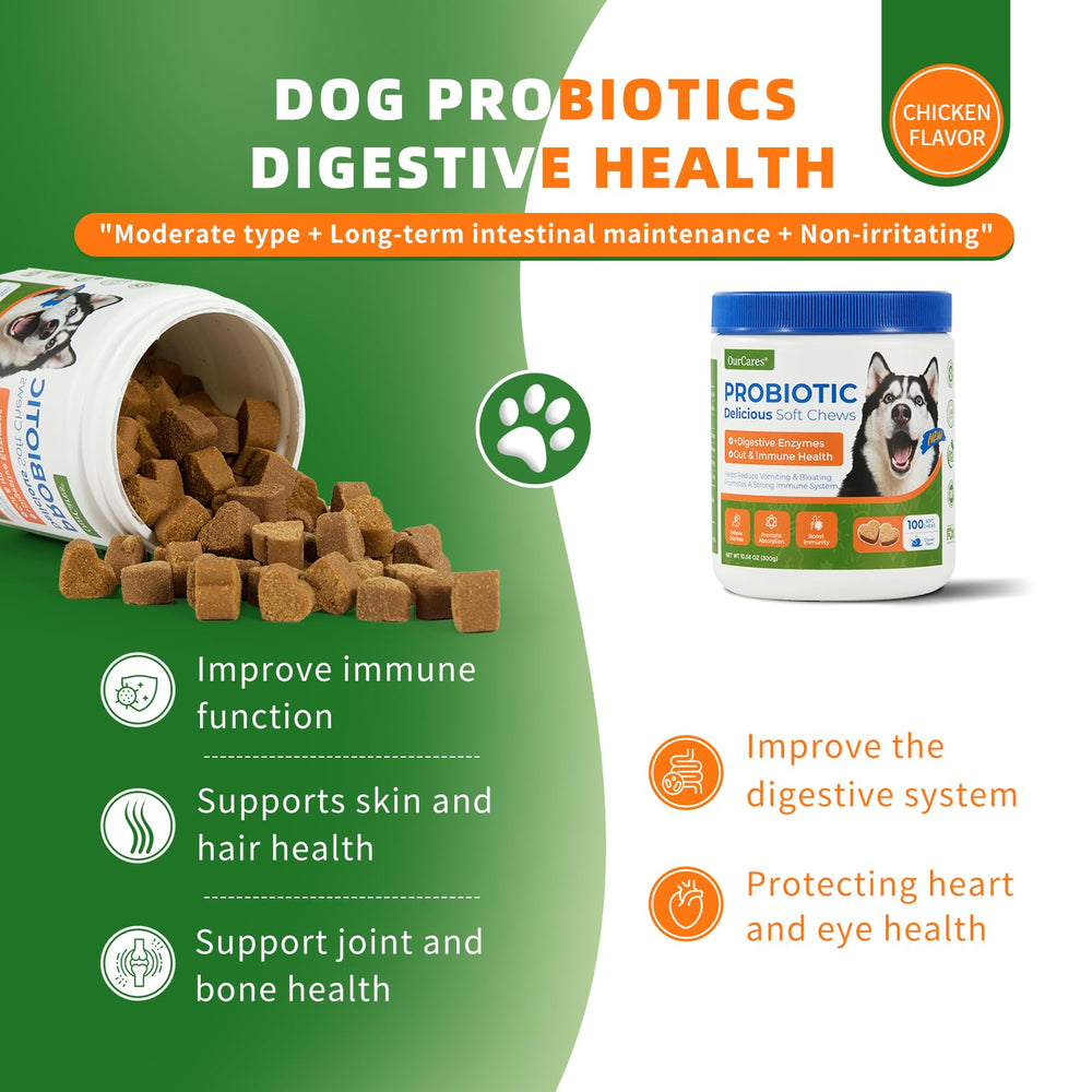 OurCares Gommes probiotiques pour chien, santé digestive douce.
