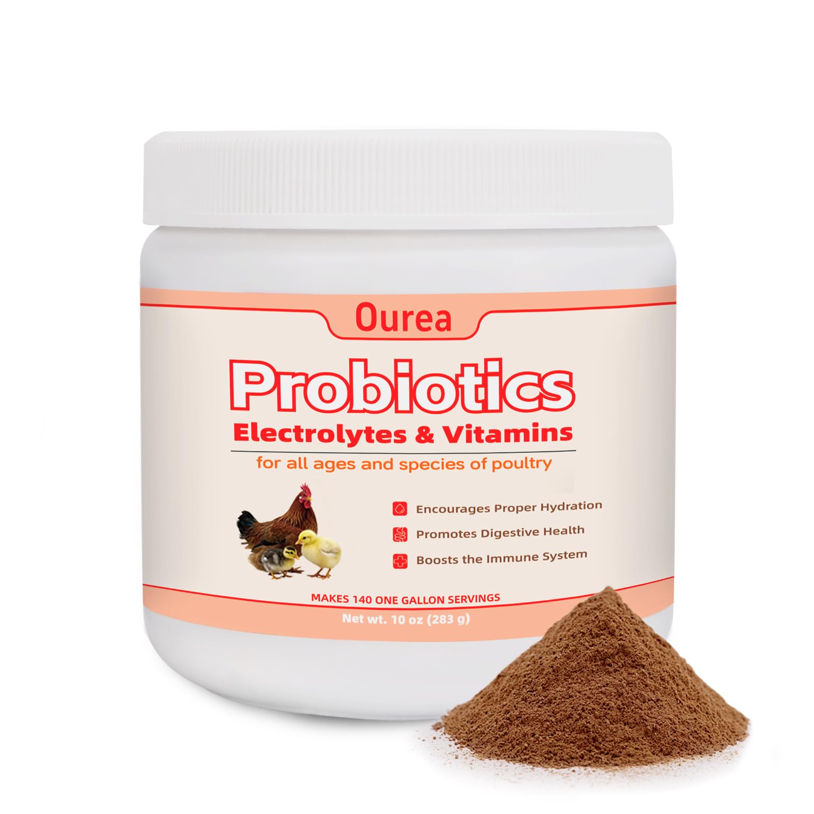 Ourea poudre électrolyte pour poulets, soutien hydratation et probiotiques.