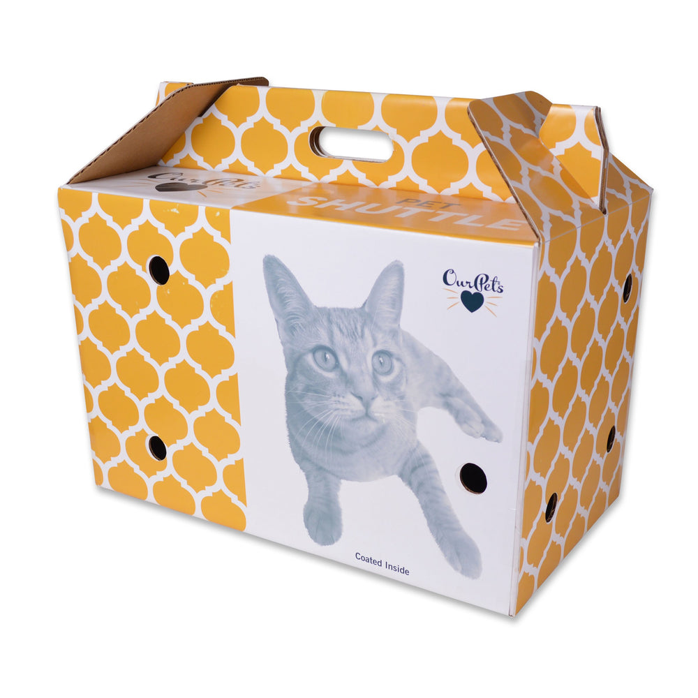 Navette OurPets en carton avec revêtement humidite, offre une protection pendant le trajet.